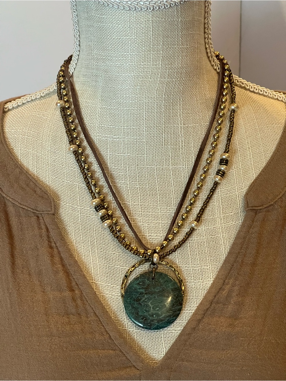 Layered Green Stone Pendant Necklace with Gold Beads